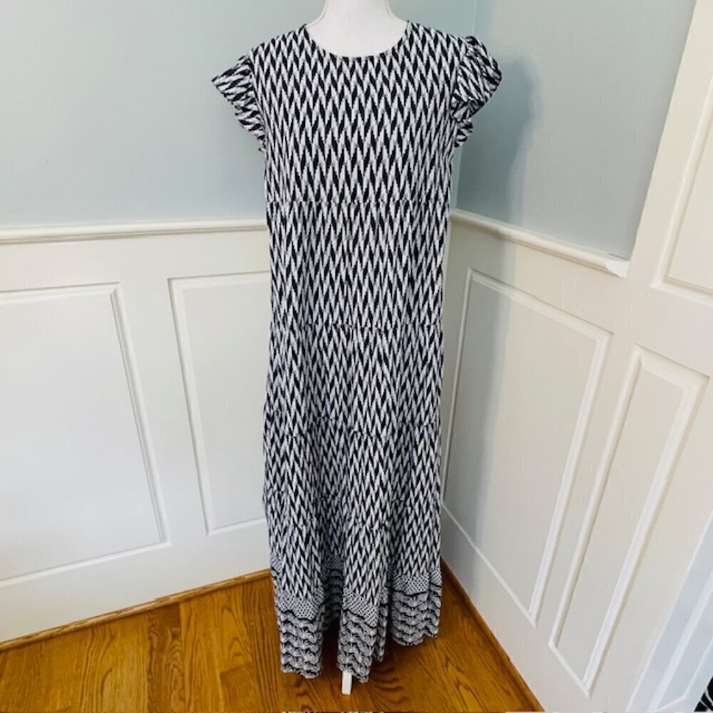Liza Byrd Tiered Ruffled Cotton Block Print Maxi Dress Blue & White Small - Picture 7 of 7